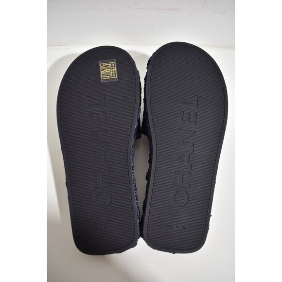Chanel 21C Navy Blue Cord Gold Chain CC Logo Mule Slide Slip On Sandal Flat 35 - Picture 12 of 12